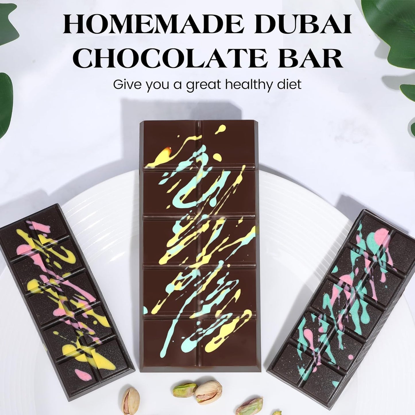 4 Pcs Chocolate Bar Mold Deep Dubai 0.85 Inch Stuffed Chocolate Molds Silicone Large Break Apart Silicone Molds (10 Snap + Pyramid)