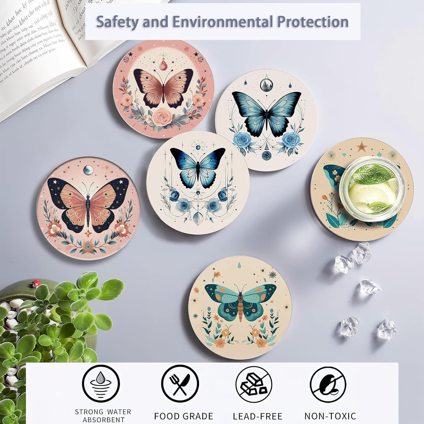 Coaster for Drinks Set of 6, Boho Butterfly Flower Absorbing Round Ceramic Stone Coaster with Cork Base,Tabletop Protection Mat for Mugs and Cups,Coffee Table Wine Glass Home Bar 4 Inch