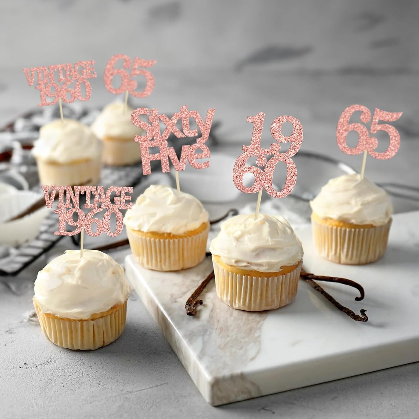 Gyufise 24Pcs 65th Birthday Cupcake Toppers Glitter Cheers to 65 Fabulous Sixty Five Vintage 1960 Cupcake Picks 65th Birthday Wedding Anniversary Party Cake Decorations Supplies Rose Gold