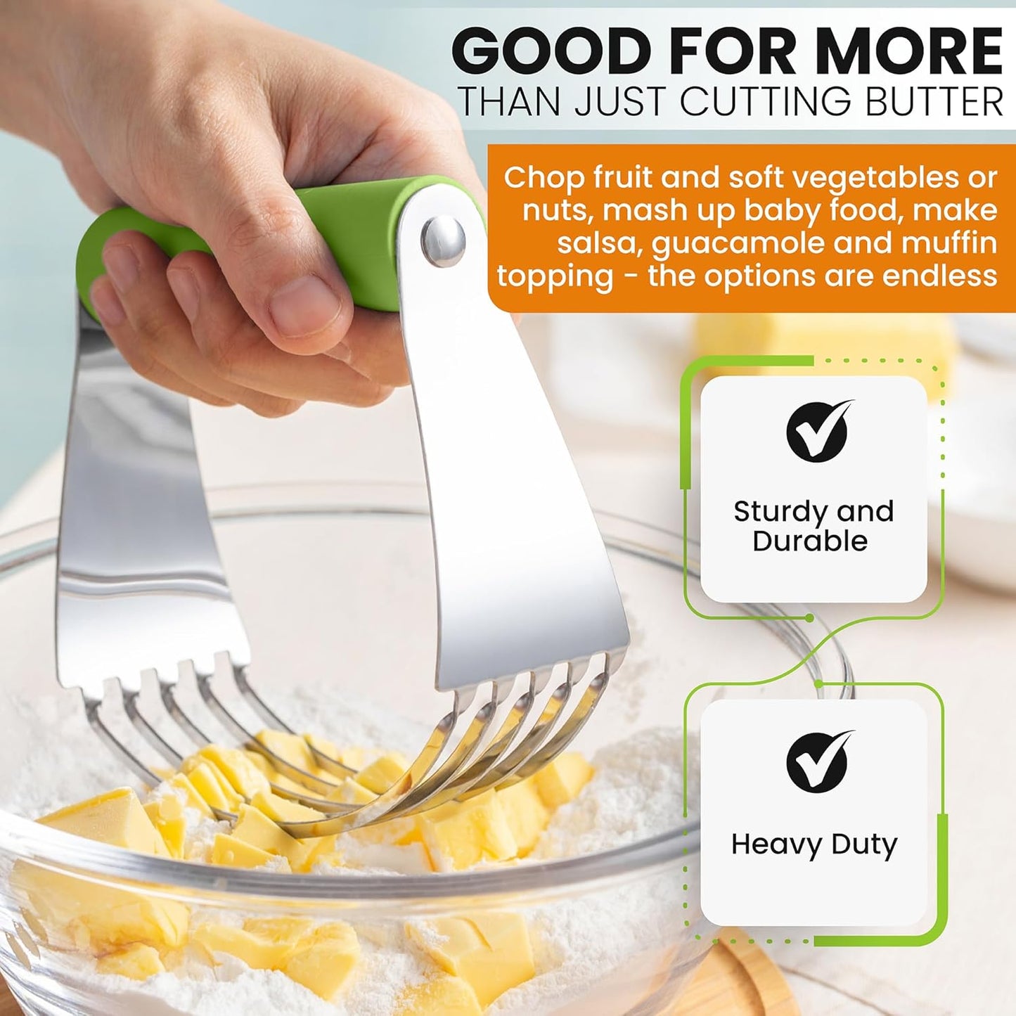 Spring Chef Large Green Dough Blender For Baking, Professional Dough Cutter Tool, Stainless Steel Puff Pastry Cutter Tool with Sharp Blades, Dishwasher Safe Pastry Blender for Easy Mixing