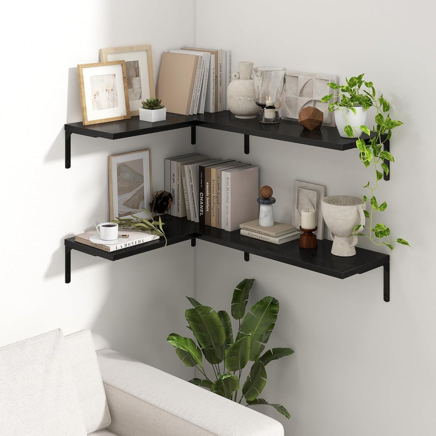 Fun Memories Deep Floating Shelves, 24W x 8D Floating Shelves Set of 2, Wall Mounted Shelf with Metal Brackets, Rustic Wood Wall Shelf for Bathroom, Kitchen and Living Room, Black
