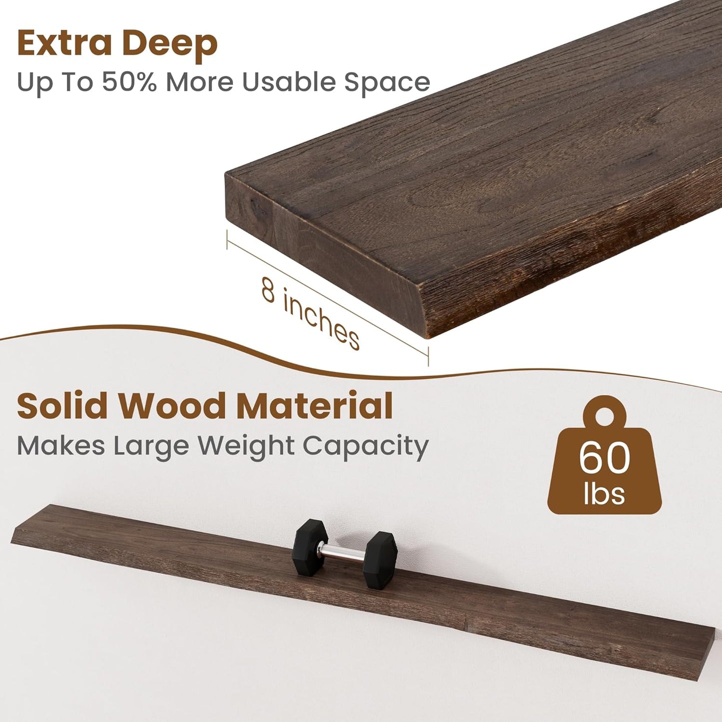 Floating Shelves for Wall Decor, Rustic Solid Elm Wood Live Edge Floating Shelves Wall Mounted, Wall Shelves with Invisible Bracket for Living Room Bathroom Bedroom Kitchen, 72 Inch, Walnut