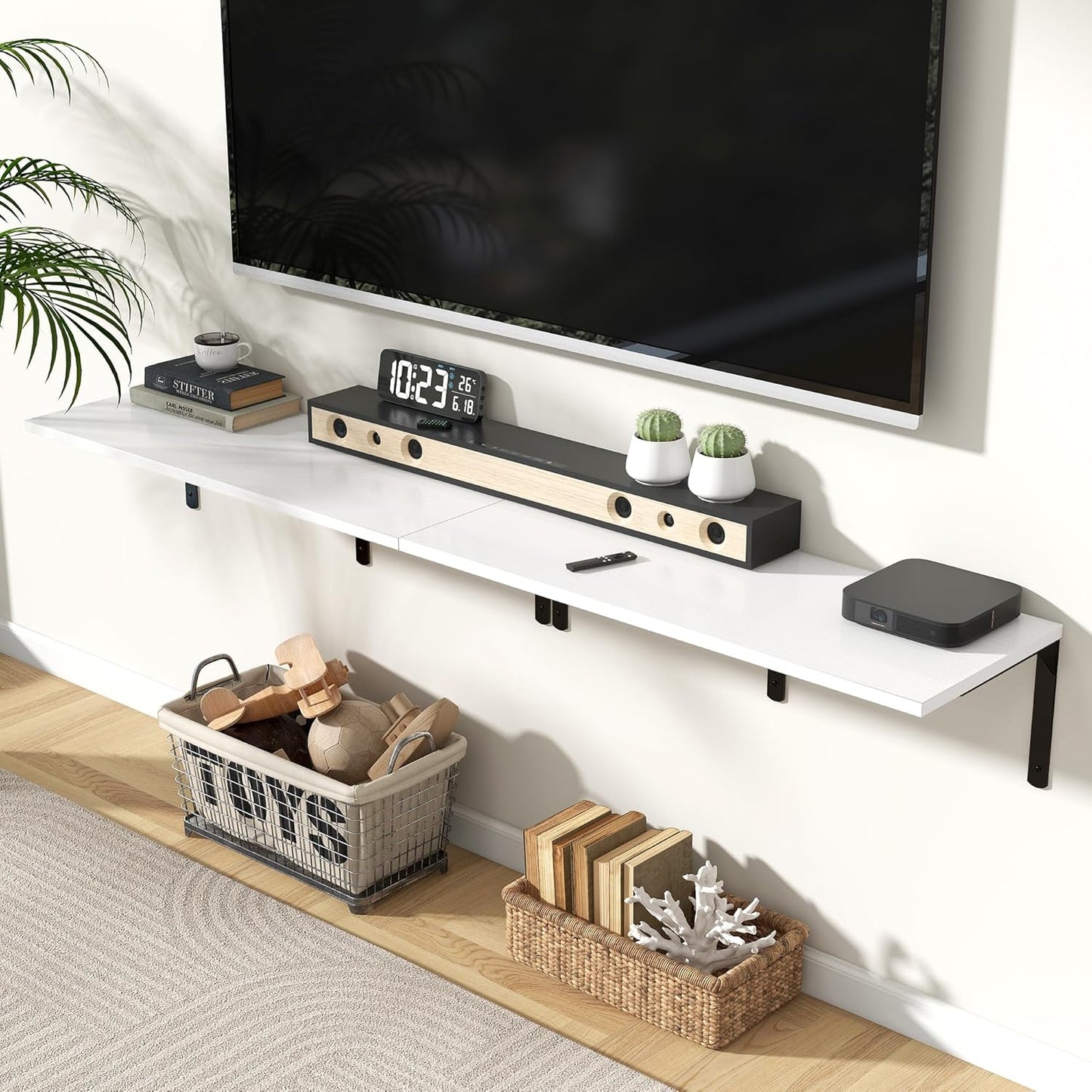 Fun Memories Floating Shelves for Wall, 12 Inch Deep Floating Shelves Set of 2, Wall Mounted Shelf with Metal Brackets, Rustic Wood Wide Shelf for Bathroom, Kitchen and Living Room, White, 36W x 12D