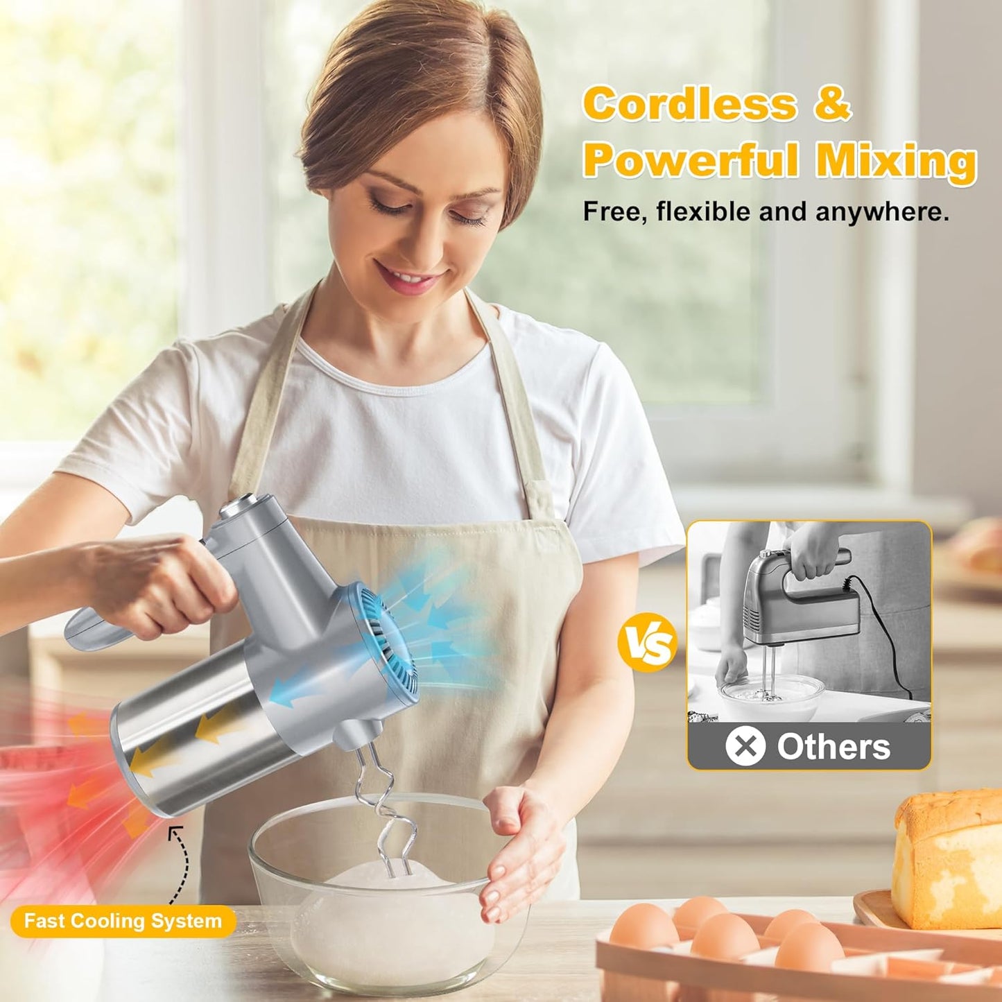 Cordless Hand Mixer, Electric Mixer Handheld Digital Display 7 Speed Rechargeable with 6 Stainless Steel Attachments Whisks Beaters Dough Hooks & Storage Base, Blender for Baking, Eggs, Silver