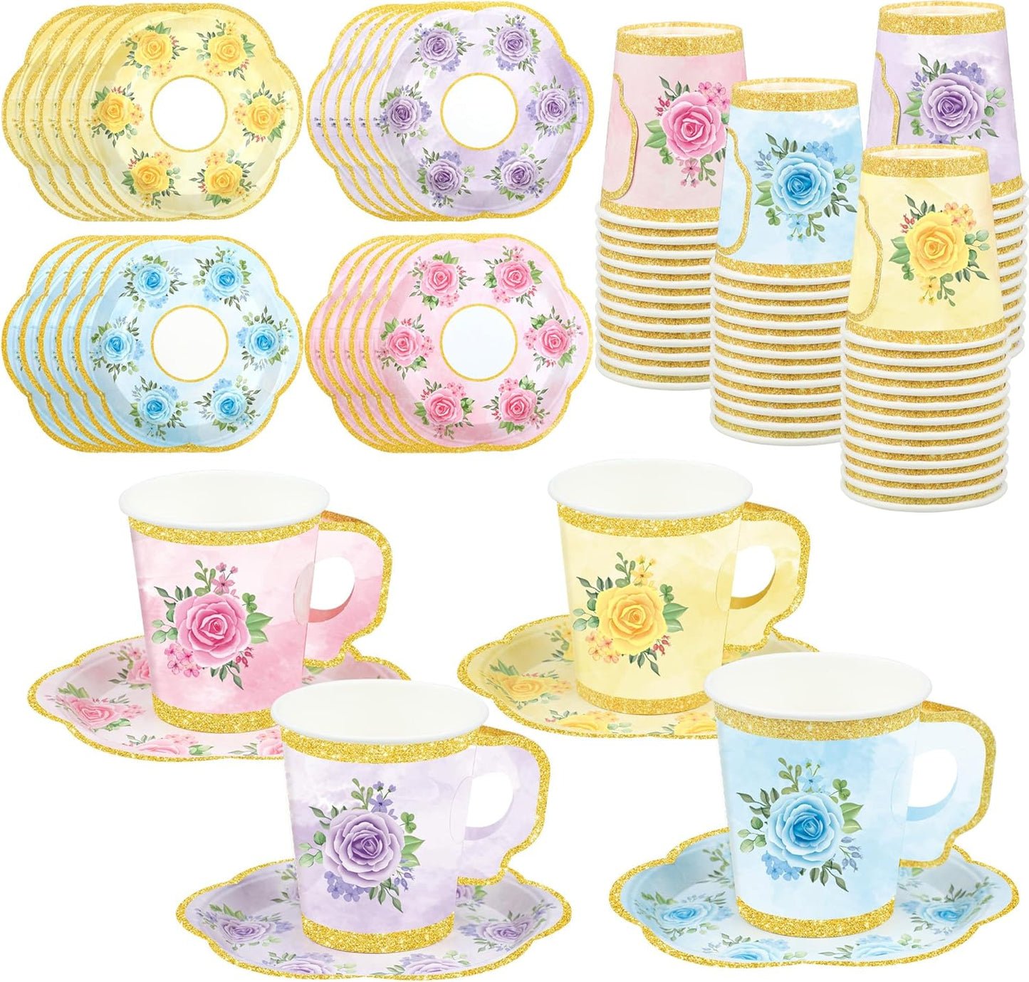 48 Sets Floral Paper Tea Cups and Saucers Disposable Tea Party Supplies Colorful Flower Teacups with Handle and Plates for Hot Cold Drink Wedding Birthday Party Baby Shower