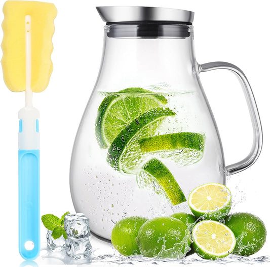 SUSTEAS 2 Liter Glass Pitcher, Water Pitcher with Removable Lid And Wide Handle, Easy Clean Juice Jug for Fridge, Beverage Carafe for Cold/Hot Water, Iced Tea, 1 Long-Handled Brush Included