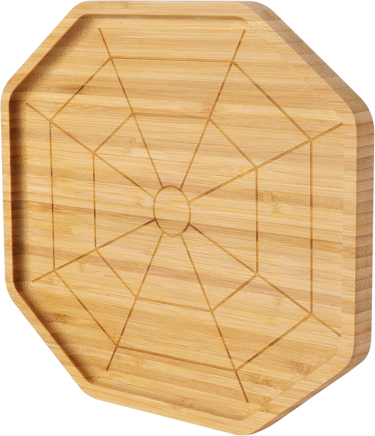 TJ POP Halloween Bamboo Serving Tray - Octagon Spider Web Design Snack Dessert Platter for Candy, Cheese, Natural Wood Appetizer Tray Charcuterie Board for Party, Home Decor & Food Display (10” x 9”)