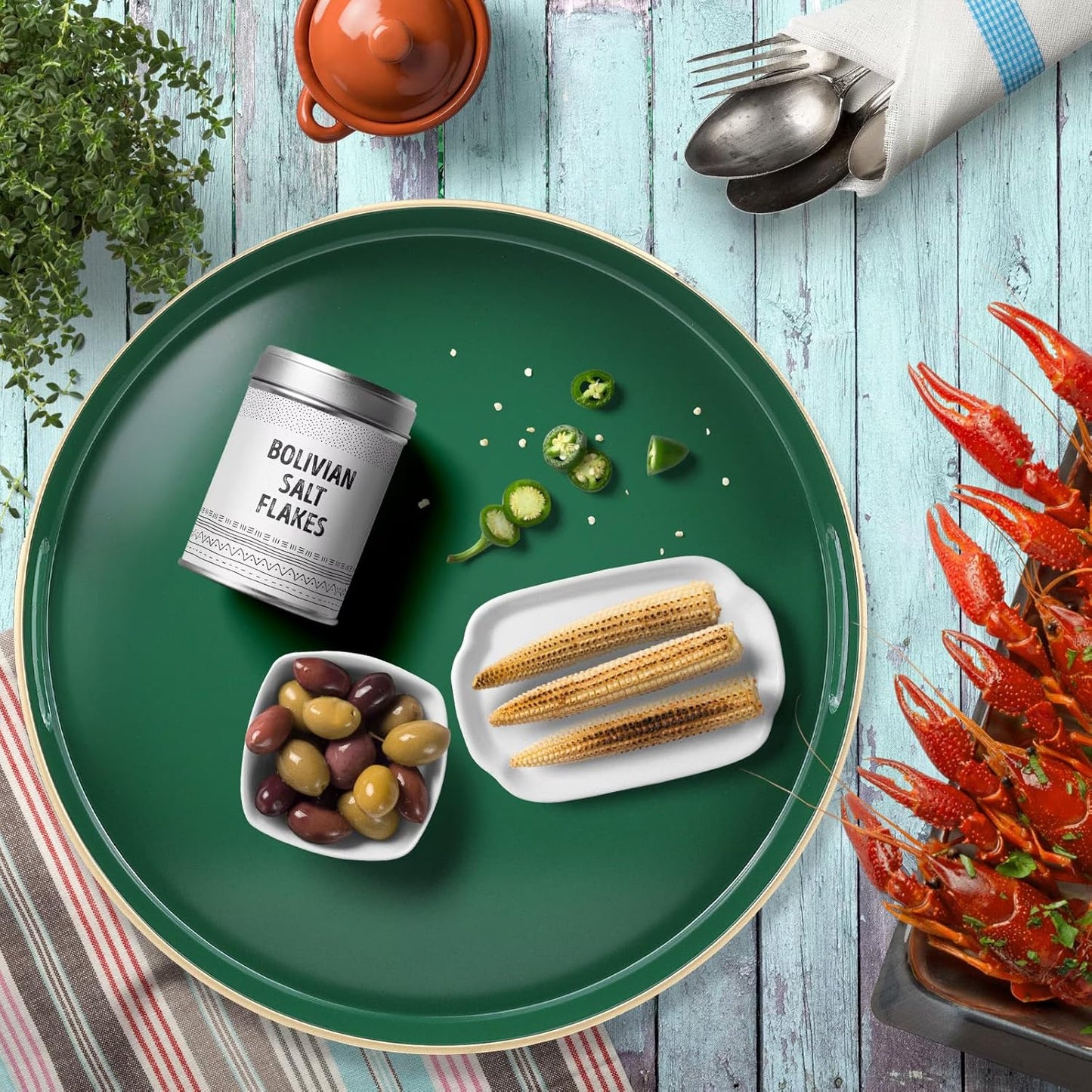 Green Round Decorative Tray with Handles, 13" Versatile Serving Tray for Coffee Table, Ottoman, Ideal for Serving, Displaying, Organizing