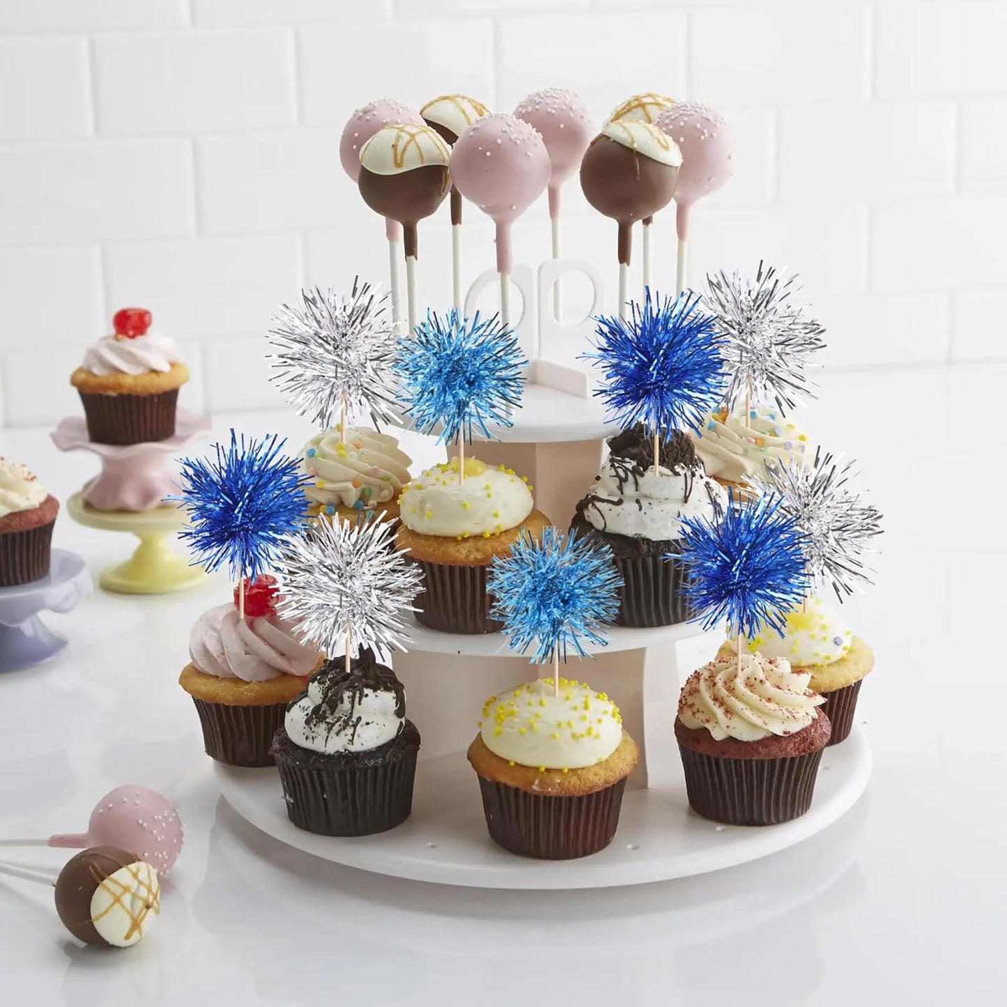 30 PCS Foil Firework Cupcake Toppers Sparkle Tinsel Cupcakae Picks Foil Firework Decorations Cocktail Fruit Toothpick for Fireworks Theme Birthday Wedding Graduation Party Decor Blue Silver Light Blue