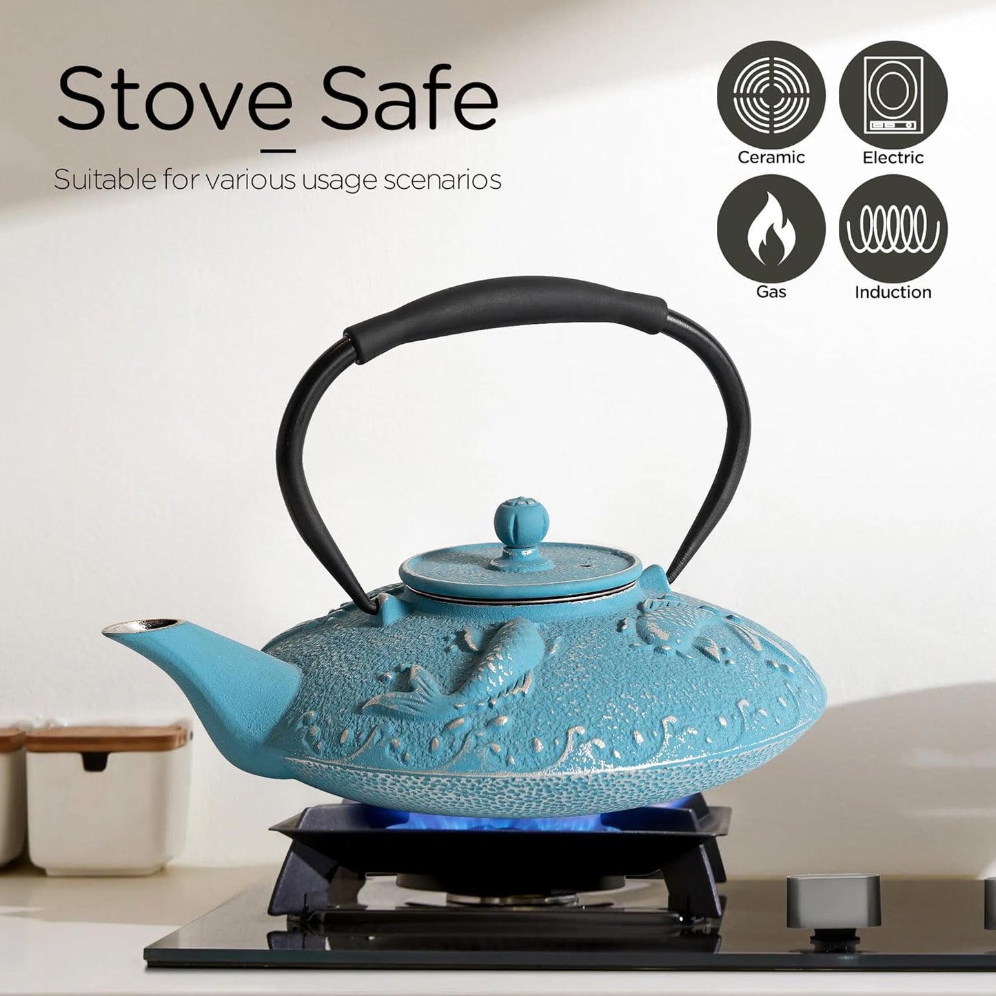 Cast Iron Teapot Set with 2 Tea Cups, Japanese Tea Kettle with Stainless Steel Infuser, Tea Pot Coated with Enameled Interior, Fish Pattern, 27oz 780ml Sky Blue