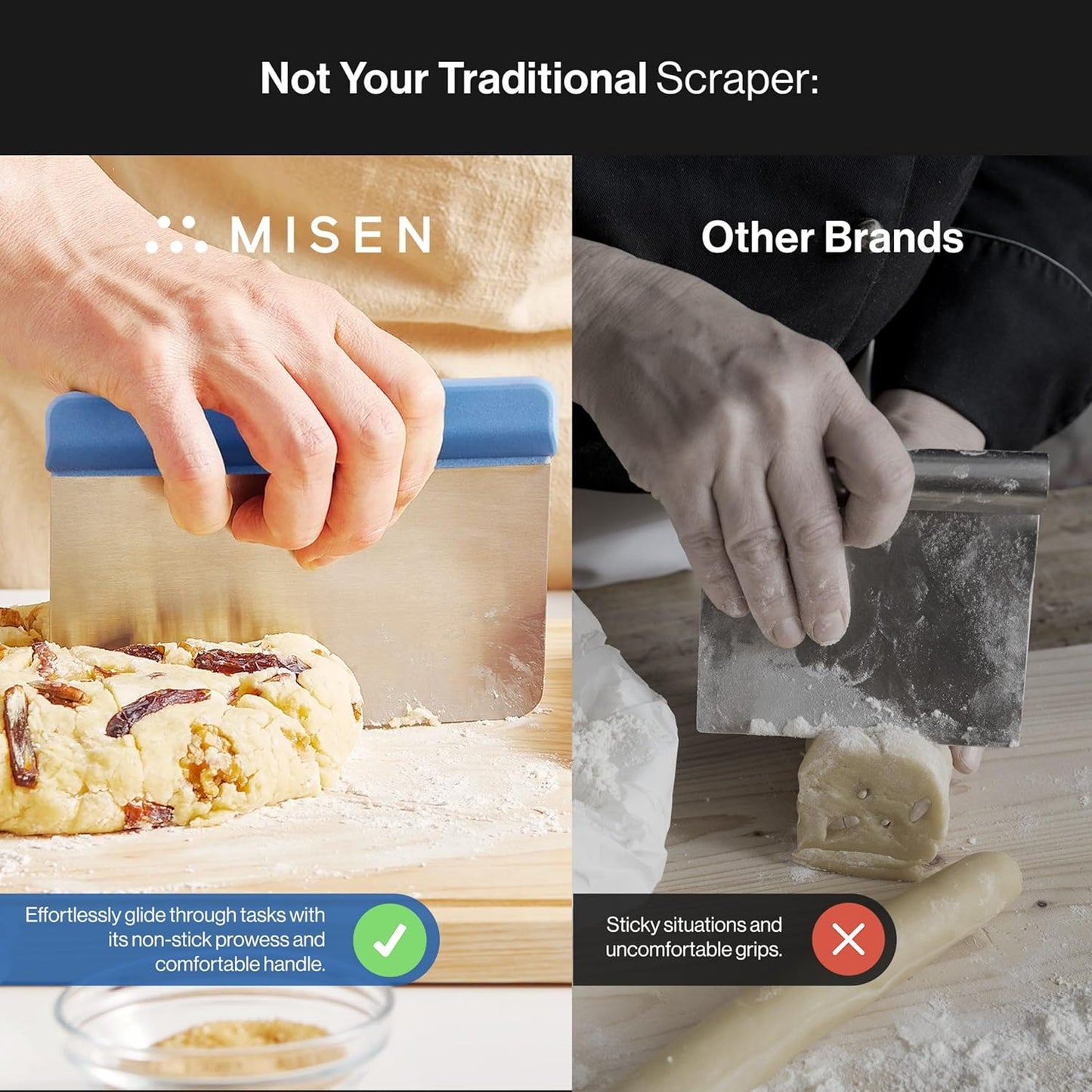 Misen Stainless Steel Bench Scraper - Versatile Food Scraper with Walnut Handle - Ideal for Kitchen, Pastry & Dough - Durable Cutting Board Scraper Tool for Effortless Transfer into Pots & Pans - Blue