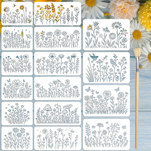 16PCS Large Flower Stencils for Painting Wildflower Stencils with Brushes Floral Spray Paint Stencil Reusable Drawing Template for Walls Garden Fence Furniture Card