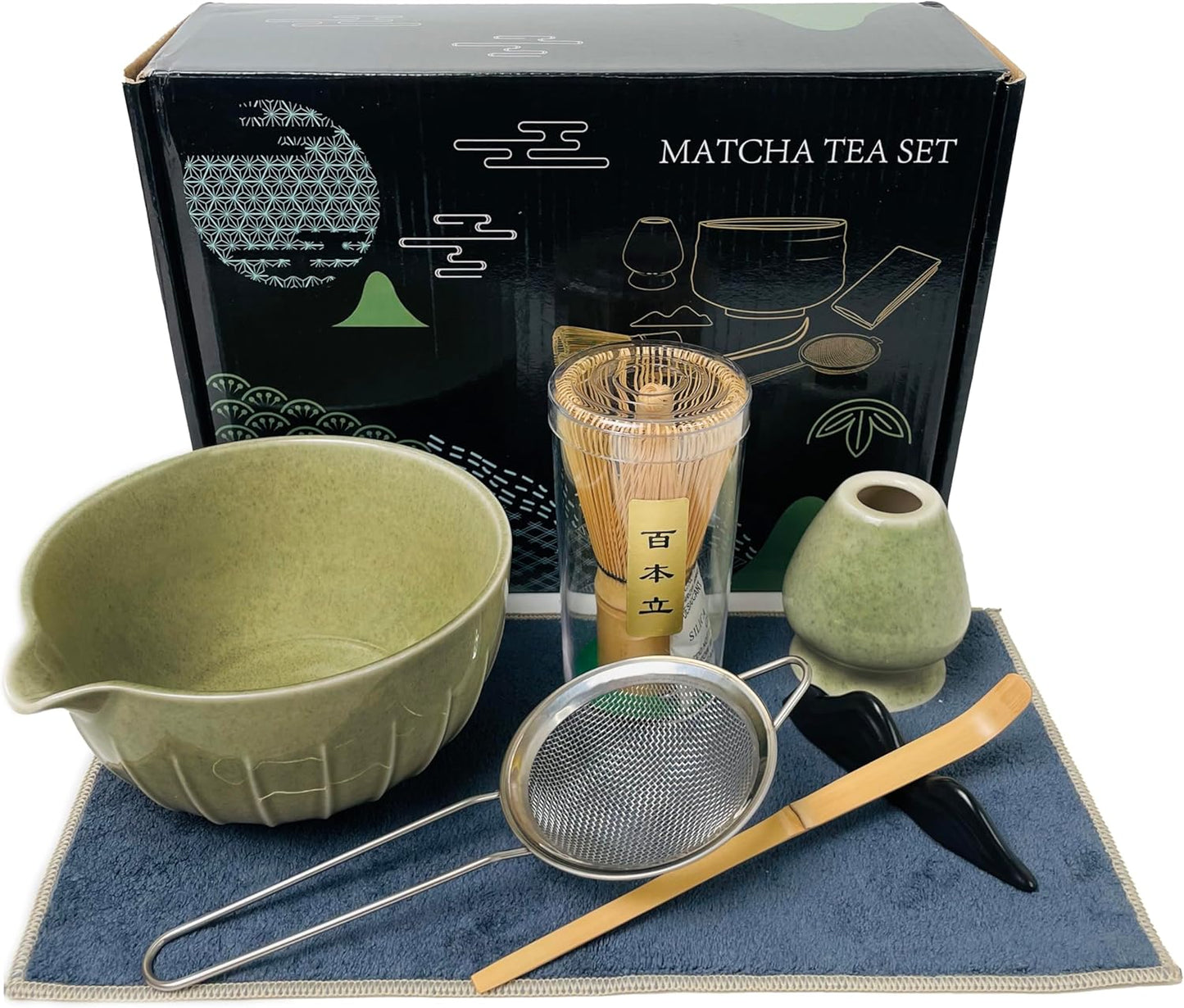 Matcha Whisk Set (7pcs) - Matcha Set with Whisk,Pouring Spout Bowl(15oz),Chasen Holder,Powder Sifter,Bamboo Scoop with Stand,Tea Cloth,Perfect Tools Kit for Tea Ceremony(Celadon Green)