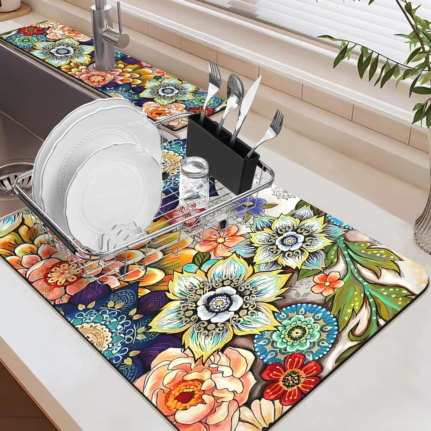 19.5" x 12" Dish Drying Mat & 24" x 5.5" Sink Splash Guard, Super Absorbent Drainer Rack Mat for Kitchen Counter Coffee Bar