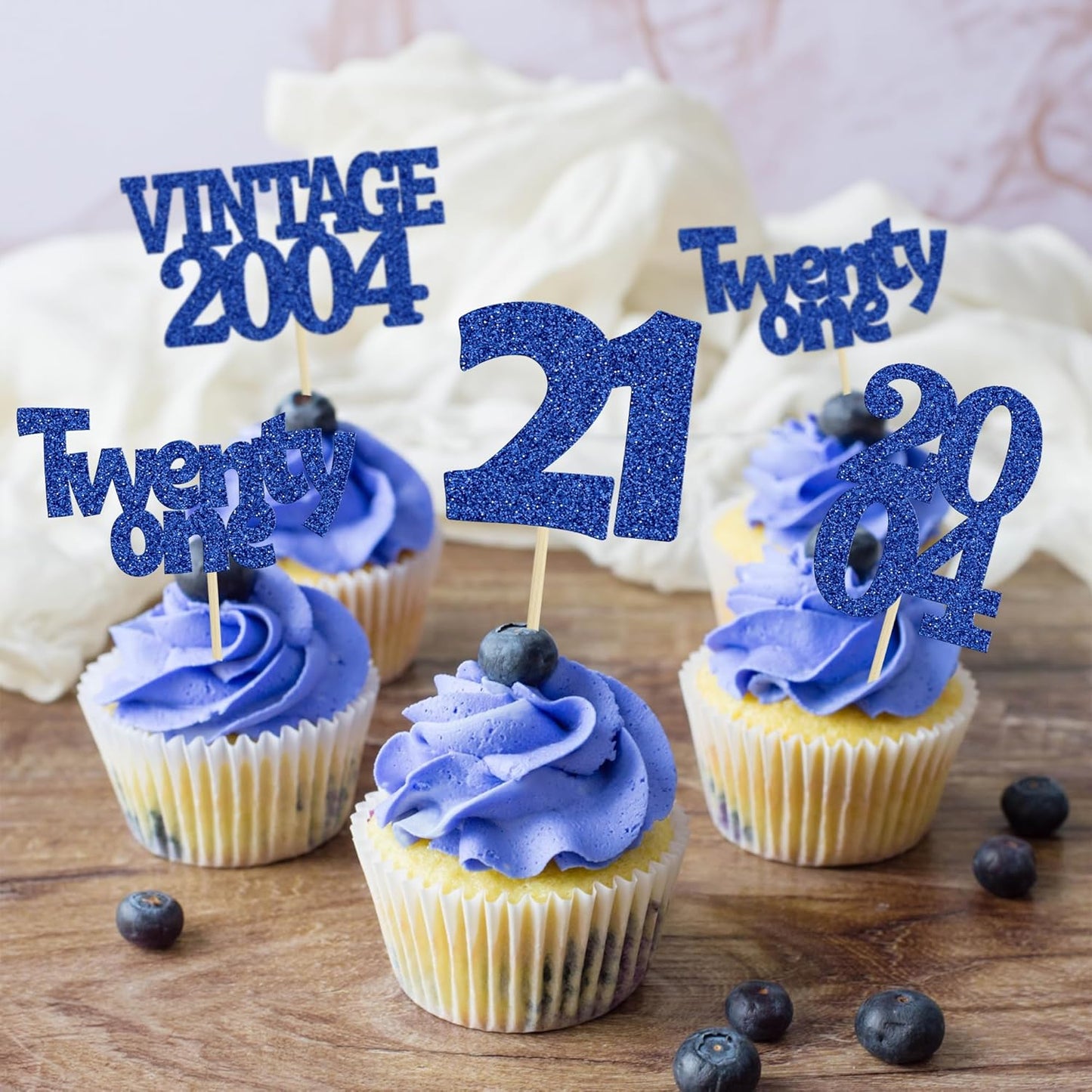 Gyufise 24Pcs 21st Birthday Cupcake Toppers Glitter Twenty-one Vintage 2004 Cheers to 21 Cupcake Picks Birthday Cake Decorations for Happy 21st Anniversary Party Supplies Deep Blue