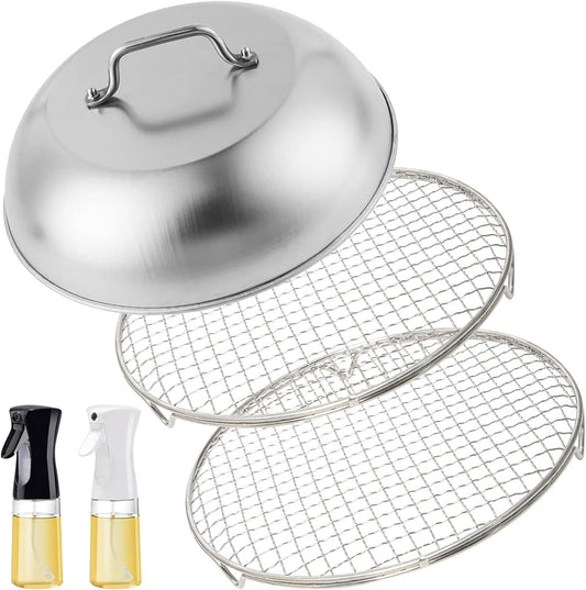 Cooling Racks Set with 2 x Dish Racks, 1 x 12" Basting Cover Dome and 2 x Oil Bottle, Premium 304 Stainless Steel Steamer & Canning Rack for Cooking and Baking