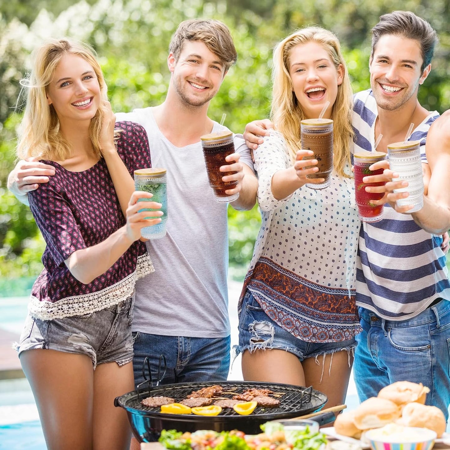 16 Oz Glass Cups with Lids and Straws, Vintage Embossed Glassware for Whiskey Cocktail Beer, Iced Coffee Cup with Lid, Glass Tumbler (4 PACK)