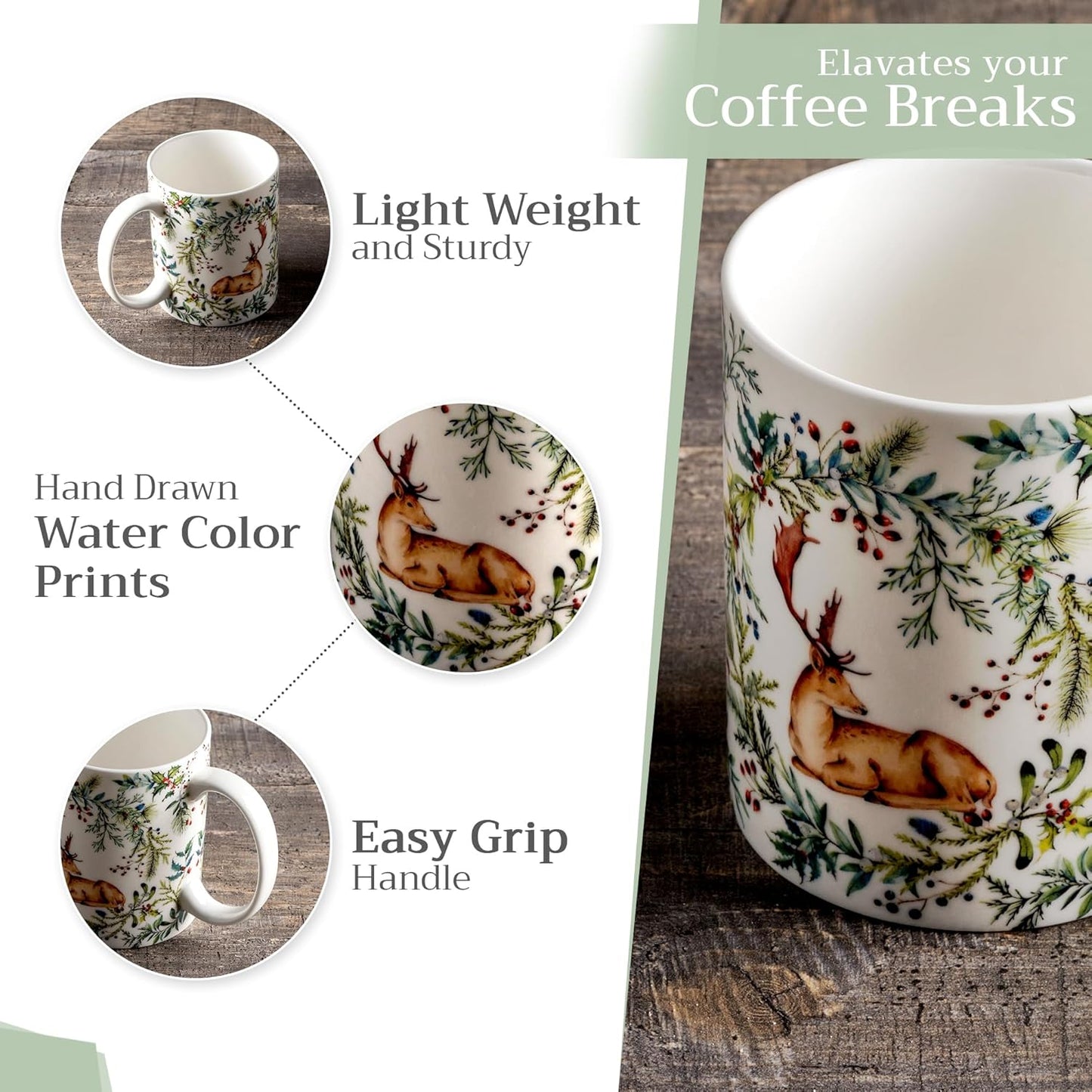 Maison d' Hermine Coffee Mug with Handles Fine Bone China Mugs Pack of Two Tea Cups for Hot Beverages Cappuccino Latte Home Restaurant Office Perfect for Gift (Holly Time, 15 Ounce)