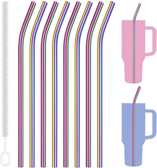 Tomorotec 8-Pack Bent Stainless Steel Straws for 40oz Stanley Tumblers, 12" Metal Straws for Stanley Cup with 1 Brush, Reusable Drinking Straws for Smoothies, Milkshakes, Dishwasher Safe (Iridescent)