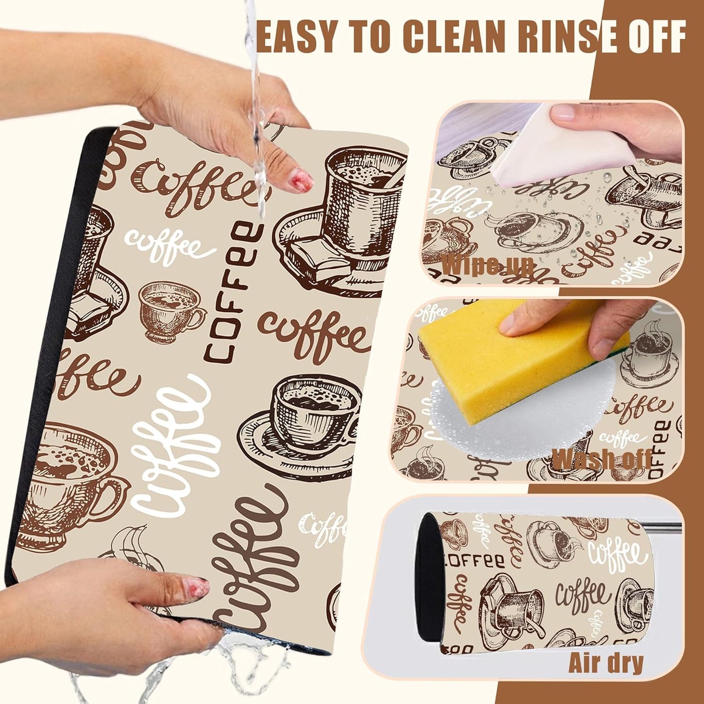 Coffee Cup Dish Drying Mat Cute Doodle Coffee Bar Mat for Countertop Absorbent Rubber Backed Hide Stain Dish Drainer Rack Pad Espresso Machine Dining Room Decoration 15.7 x 23.6 Inch