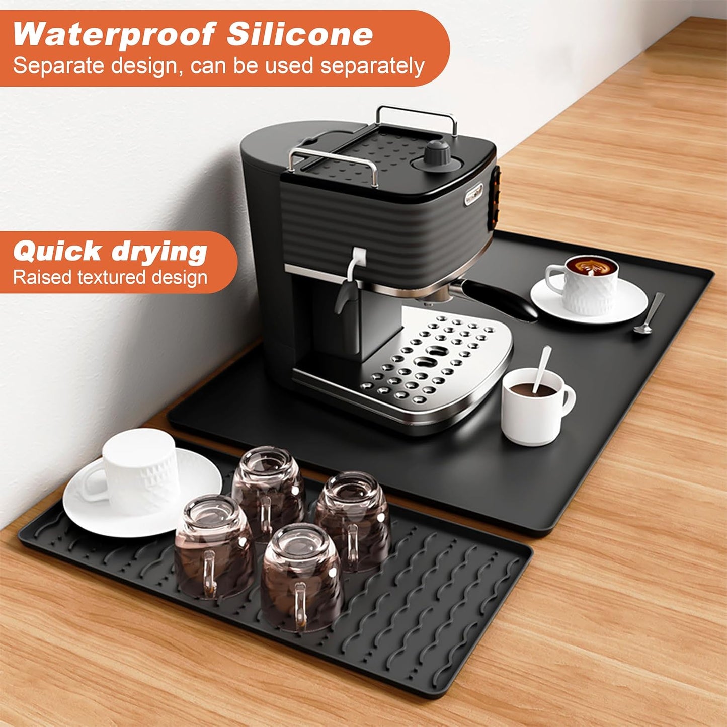 Silicone Coffee Mat, 24 x 16 Inch Non-Slip Heat Resistant, Large and Small Combination Bar Mat, Convex Edge Spill Resistant Design for Coffee Machines and Kitchen Countertops,Wave Pattern Black