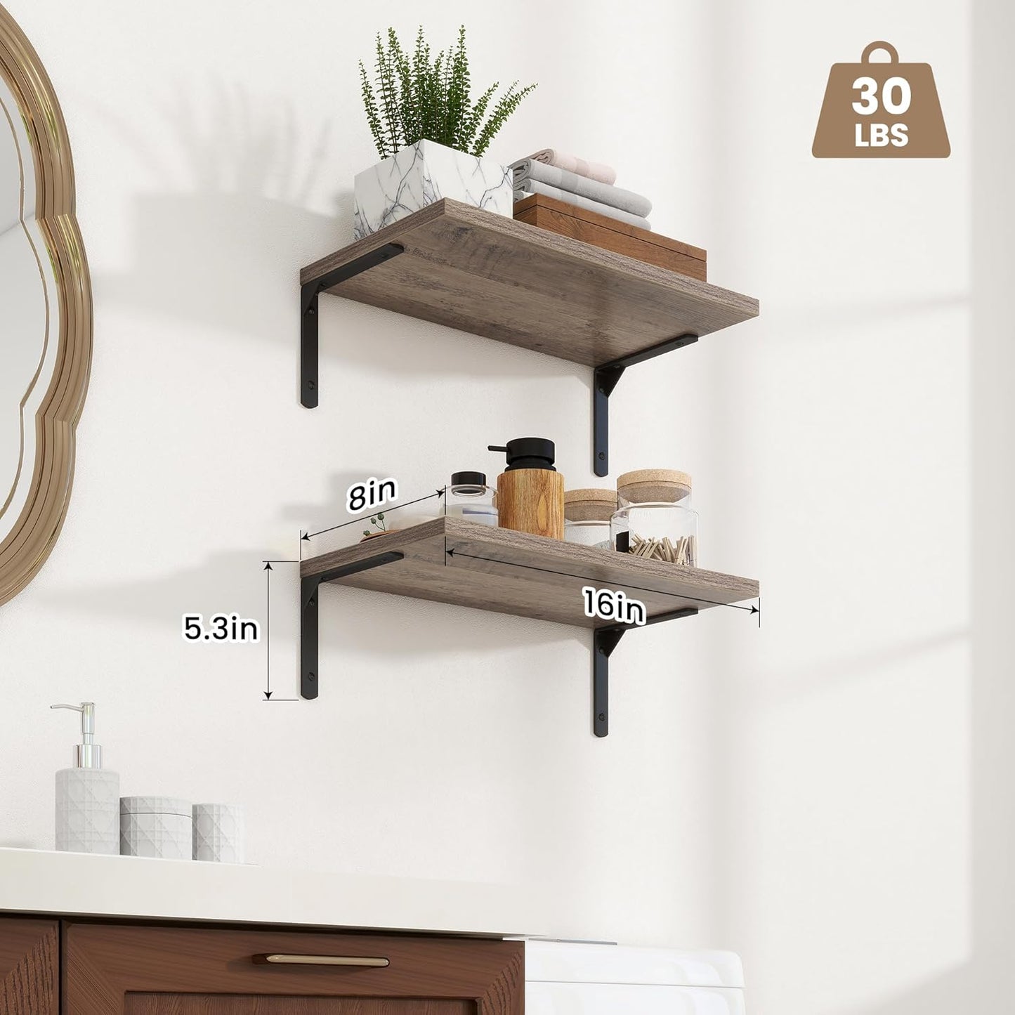 Fun Memories Deep Floating Shelves, 16W x 8D Floating Shelves Set of 2, Wall Mounted Shelf with Metal Brackets, Rustic Wood Wall Shelf for Bathroom, Kitchen and Living Room, Grey