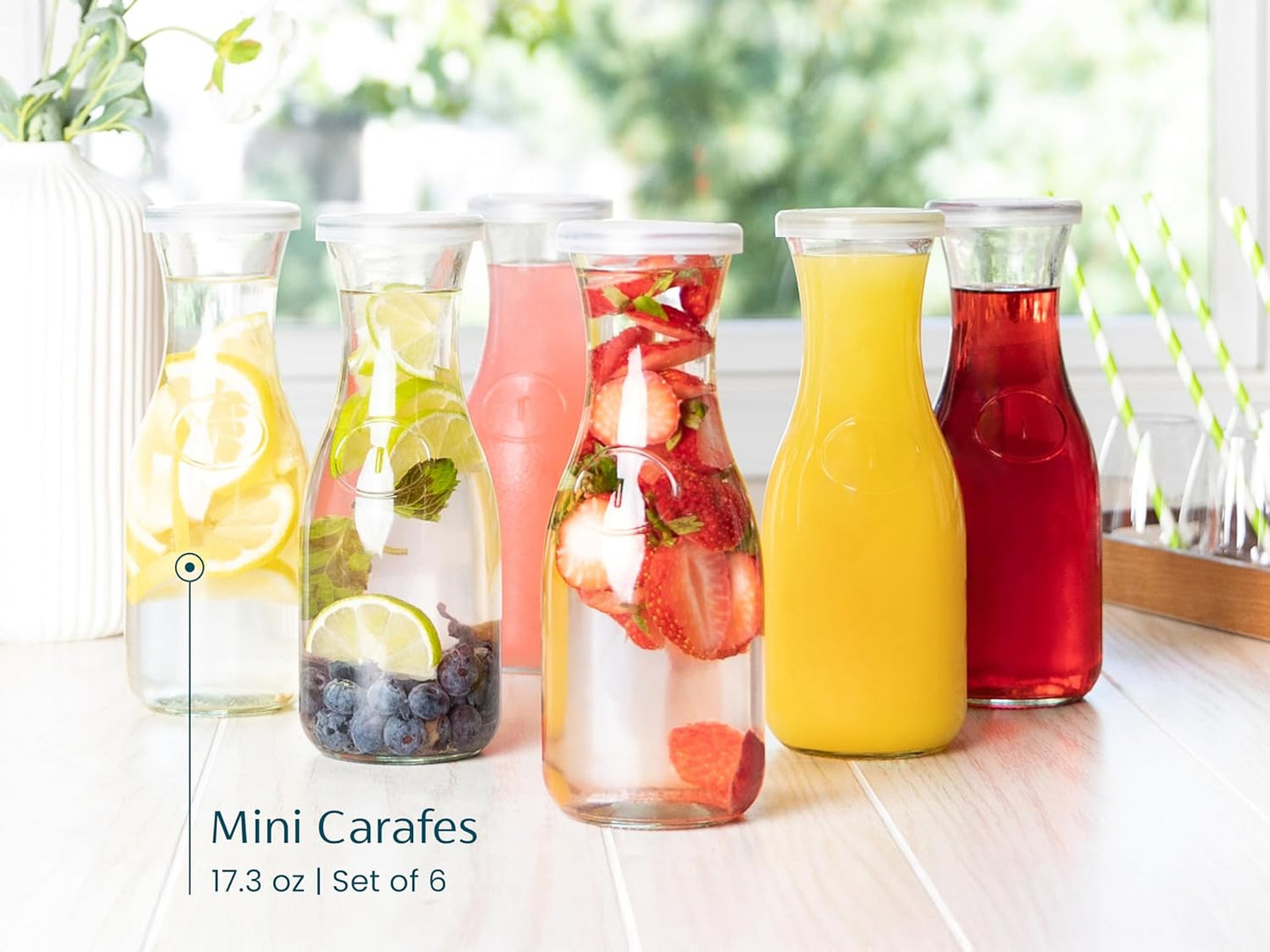 Glass Carafe Pitchers, by Kook, Mini Carafes- set of 6, Beverage Dispensers, Clear Jugs For Mimosas, Water, Wine, Milk and Juice, with Plastic Lids, Dishwasher Safe 17.3 oz