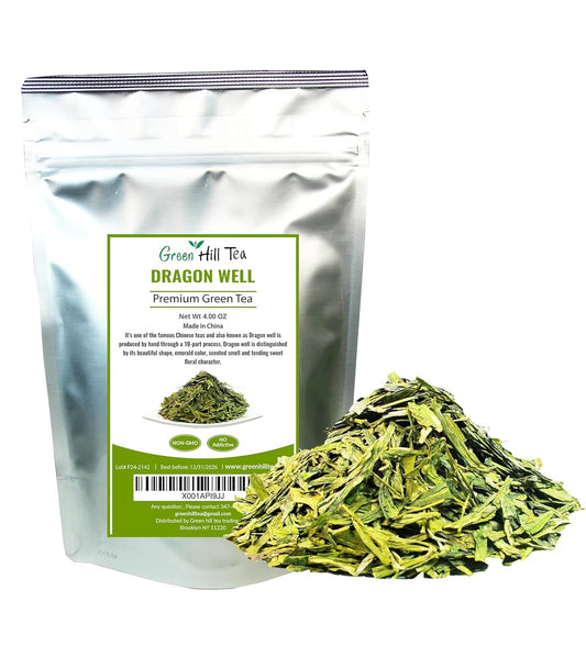 Greenhilltea Dragon Well green tea, a classic Chinese Green tea distinguished by its color, shape and taste- 4 OZ Bag