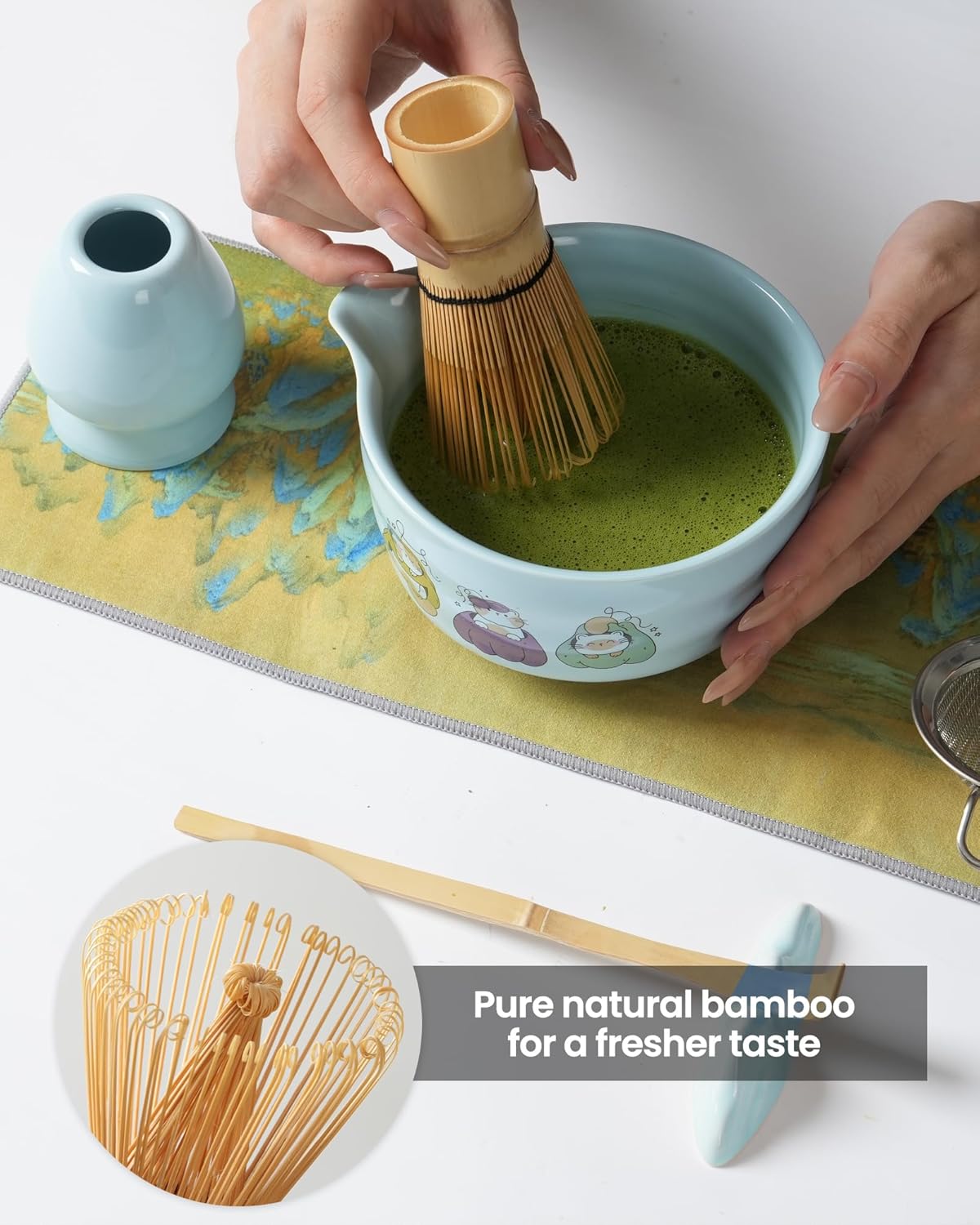 Matcha Whisk Set, Ceramic Matcha Set Includes Matcha Bowl, Matcha Whisk and Holder, Bamboo Scoop, Scoop Rest, Sifter and Tea Towel - 7 Pcs Matcha Kit(Blue)