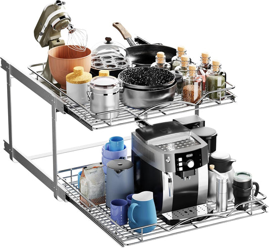 HOLDN’ STORAGE Two Tier Pull Out Cabinet Organizer, Individual Sliding Drawers - Heavy Duty Metal with Lifetime Limited Warranty - Anti Rust Chrome Finish - 22" W x 21”D x 16.5" H