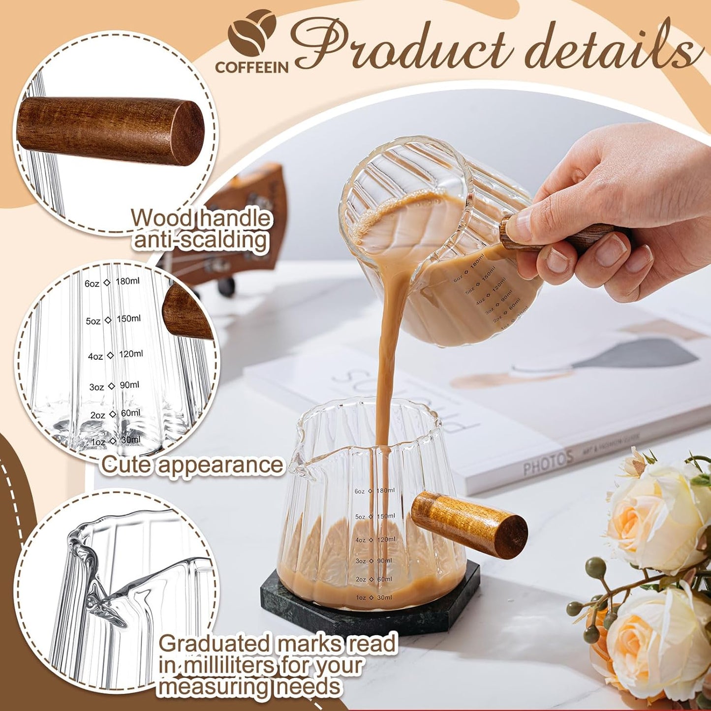 Espresso Shot Glass with Handle, 6 Oz/180 ml Espresso Cups with Single V-shaped Mouth, Measuring Cup for Milk Tea Coffee Bar Accessories(Clear,1 Pcs)