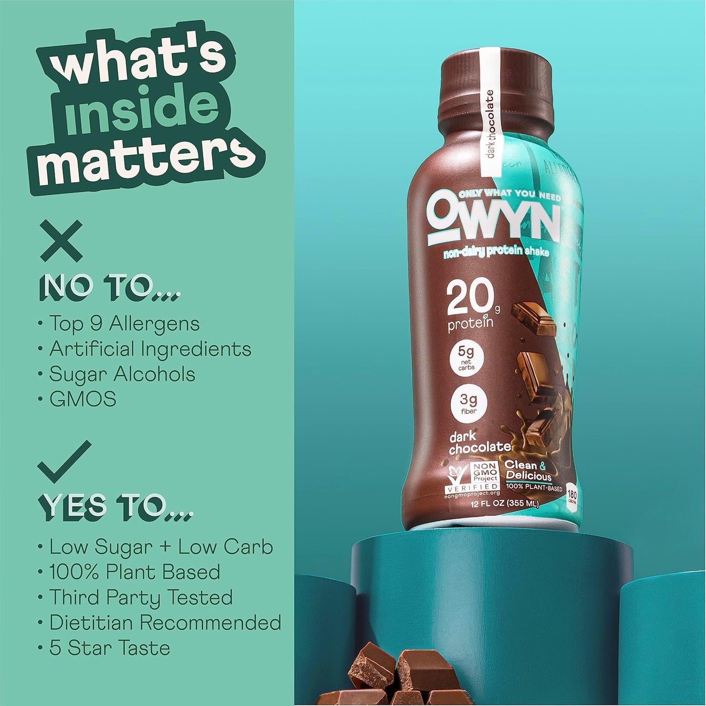 OWYN Only What You Need Plant Based Protein Shake, Dark Chocolate, 20g Vegan Protein from Organic Pumpkin seed, Flax, Pea Blend, Omega-3, Prebiotic supplements, Gluten and Soy-Free, (12 Pack)