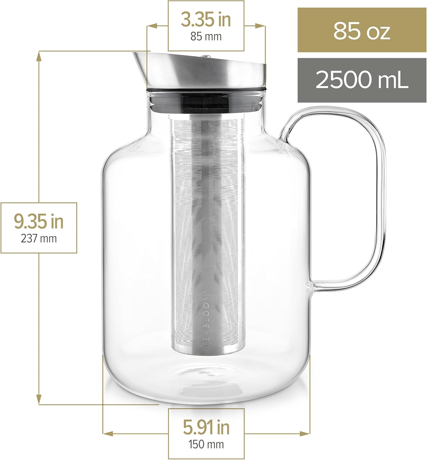 Teabloom Extra-Large Multi-Brew Borosilicate Glass Teapot + Kettle + Pitcher – Steep and Serve Hot Tea, Iced Tea, Cold Brew Tea and Fruit Infused Water – Legacy Tea Maker (51 OZ or 85 OZ)