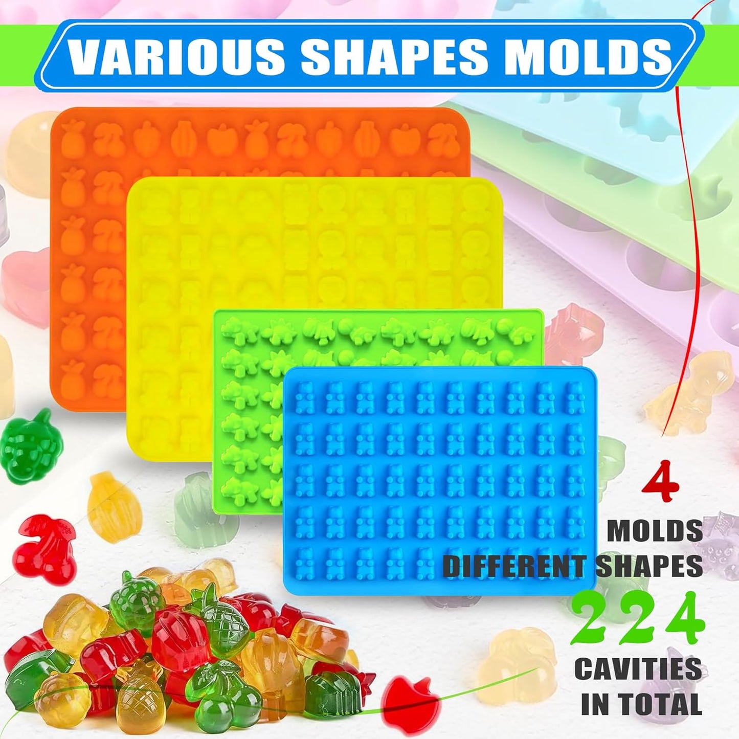 Silicone Gummy Molds Set of 4, Non-stick Candy Chocolate Molds with 2 Droppers 2 Clean Brush, Includes Dinosaur Bear Fruit Animal Shape