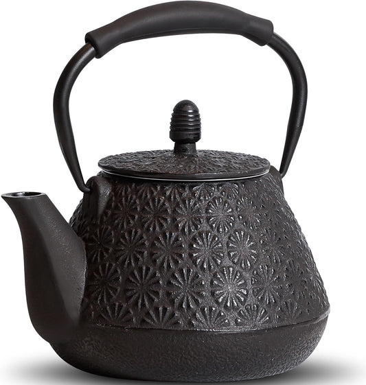Cast Iron Teapot, 32oz Tea Kettle with Infuser for Stove Top, Sakura Blossom Pattern Japanese Tea Pot for Tea & Coffee Coated with Enameled Interior, Silicone Handle 950ml black
