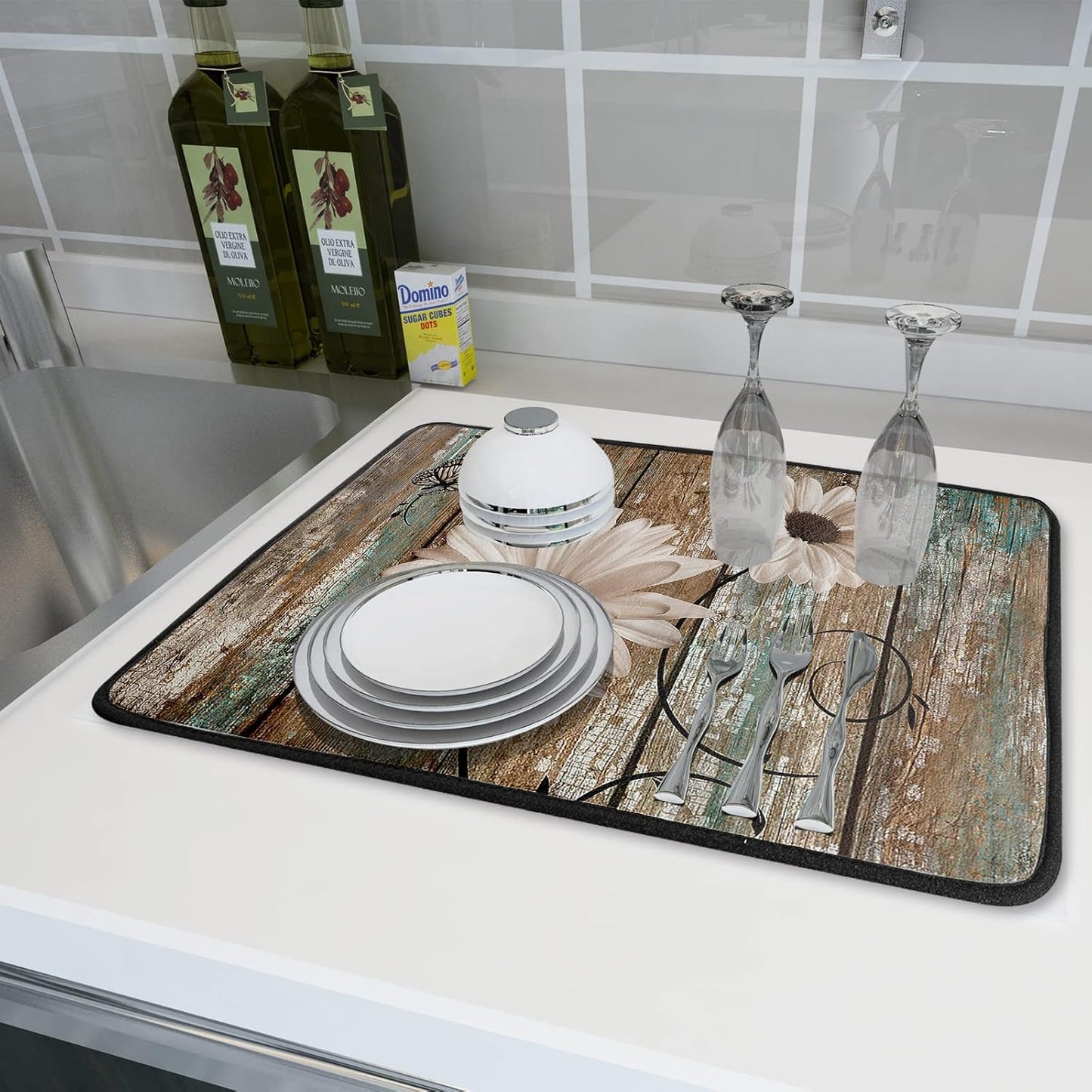 Rustic Daisy Board Dish Drying Mat for Kitchen Countertop 18x24 inch Fall Sunflower on Wooden Plank Dish Drainer Mats Fast Drying Country Shabby Chic Flower Dish Pad Vintage Kitchen Drying Decor Large