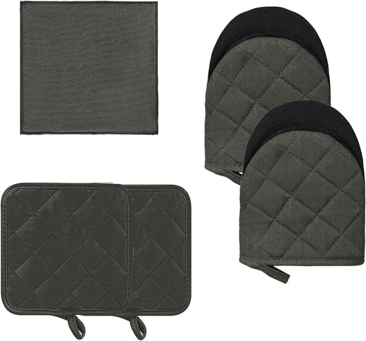 Kitchen Set Pack Of 5, Oven Mitts Pot Holders Pad And Towel Set, Heat Resistant Silicone Kitchen Mini Oven Mittens for 500 Degrees, Mini Oven Gloves and Hot Pads for Baking Grilling Barbecue Microwave