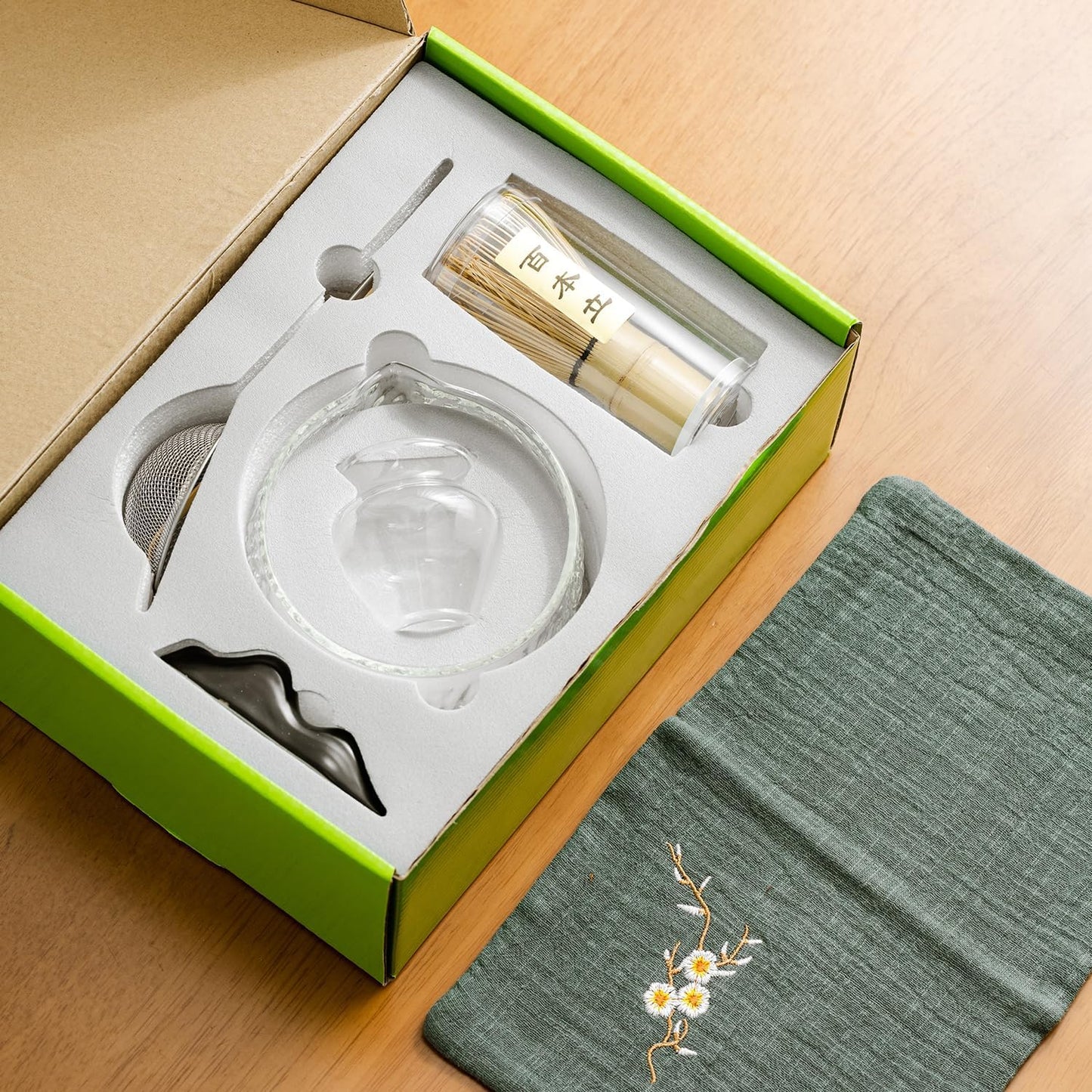 Japanese Tea Set (7pcs) Matcha Whisk Set Matcha Bowl with Pouring Spout Bamboo Matcha Whisk (chasen) Scoop (chashaku) Matcha Whisk Holder Tea Making Kit. WHITE GLASS