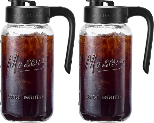 Mason Jar Pitcher - Airtight & Leakproof Glass Pitcher with Lid[set of 2], Perfect for Breastmilk, Cold Brew, and Sun Tea, 2 Quart (64 oz) Mason Jar with Pour Spout Lid
