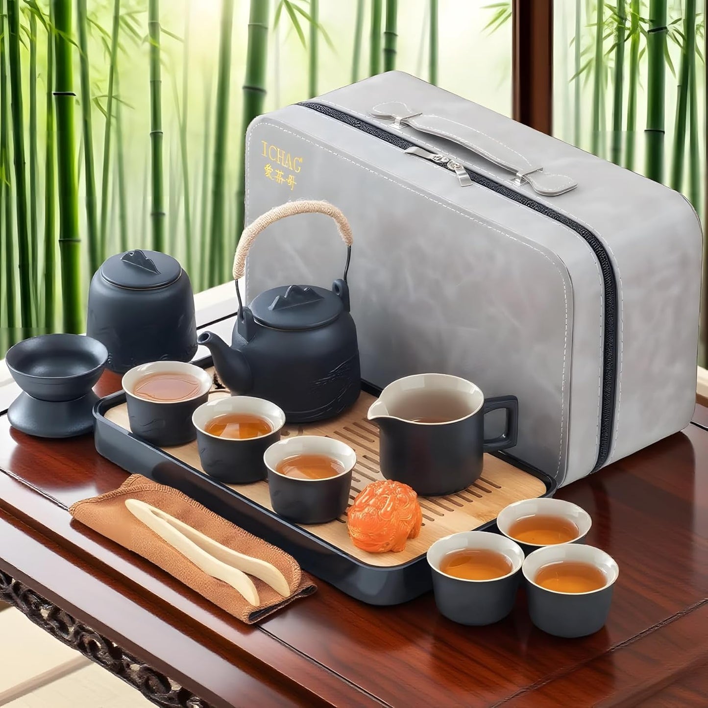 ICHAG Chinese Tea Set, Japanese Tea Sets for Adults, 15-Piece Porcelain Gongfu Tea Set with Tea Pet & Tea Tray, Japanese Teapot Set, Travel Tea Party Set, for Home/Office/Outdoor/Gifts (Black)