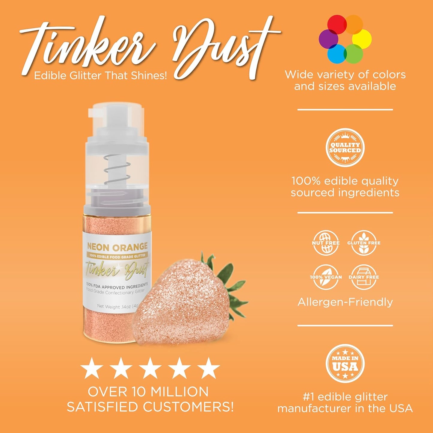 Bakell - Neon Orange Tinker Dust (4g, 1x Mini Spray Pump) Edible Glitter for Food, Desserts, and Beverages!