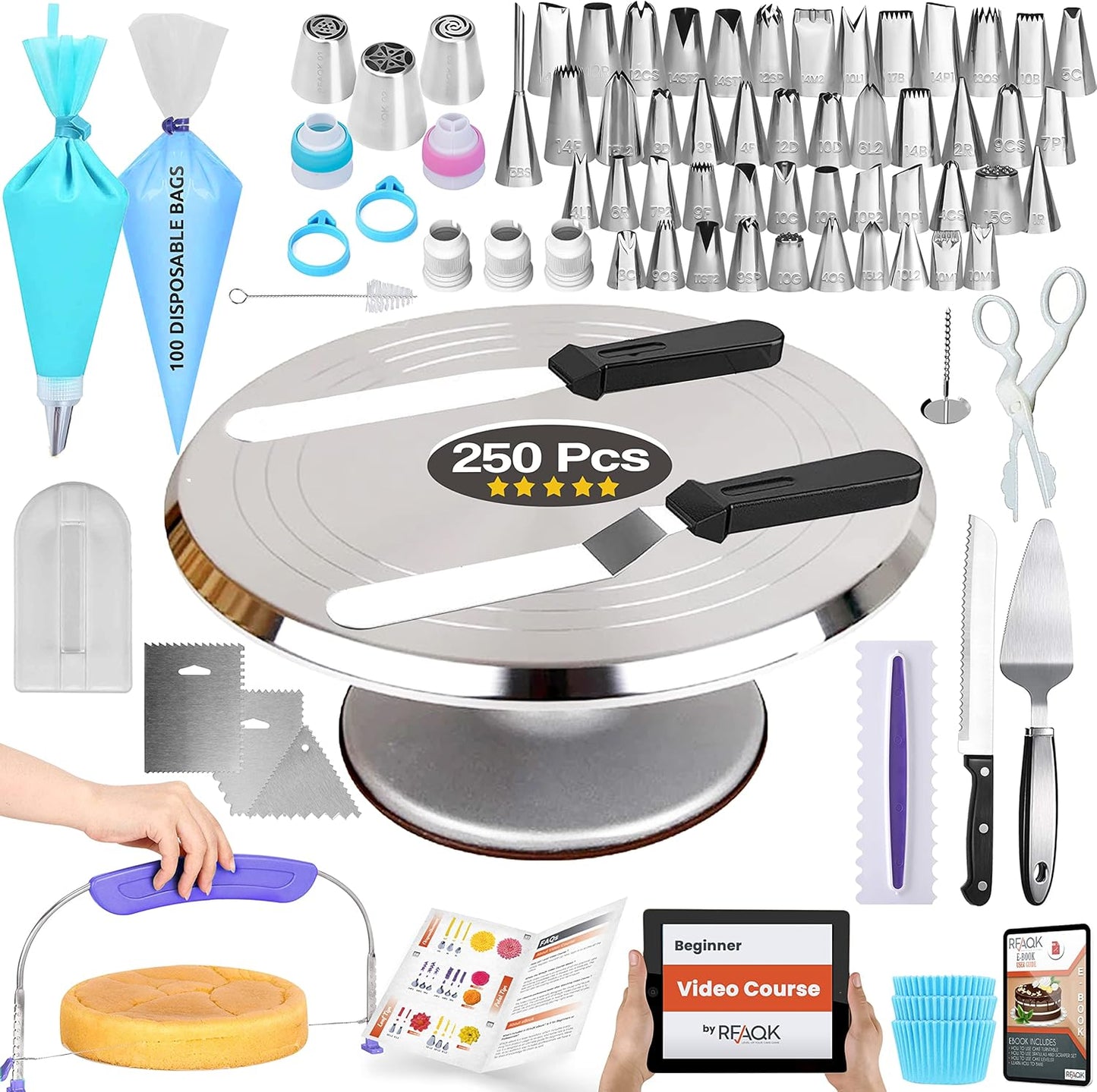 RFAQK 250 PCs Aluminum Cake Decorating Tools Kit with 12" Metal Turntable & Knife set-48 Numbered Icing Tips-3 Russian Piping Nozzles-Straight & Angled Spatula-Cake Leveler& Baking Supplies Tools