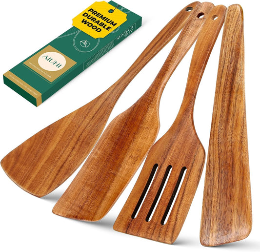 AIUHI Wooden Spatula for Cooking, Premium Teak Wood Cooking Utensils, NonStick Kitchen Utensils Set of 4 Contain Paddle, Turner Spatula, Slotted Spatula and Wood Scraper
