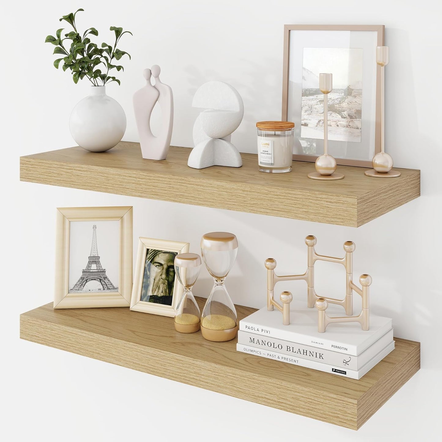 24 Inch Floating Shelves, 9.3" Deep Floating Shelf Wall Mounted, 24" Wall Shelves, Rustic Deep Bookshelf, Large Display Shelves & Storage Shelves for Bedroom, Living Room, Oak, Set of 2