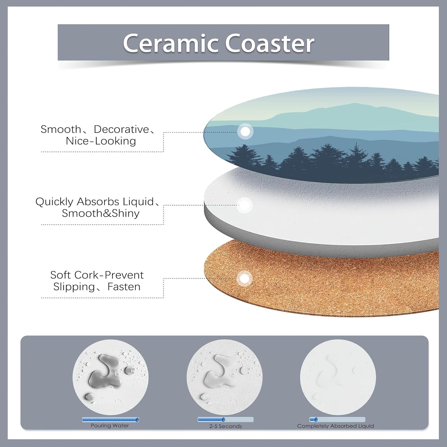 Drink Coasters Set of 6 with Holder,Misty Forest Mountains and Birds Absorbent Ceramic Coasters with Cork Base,Fit All Cups,Tabletop Protection Mat for Mugs and Cups,Office,Kitchen