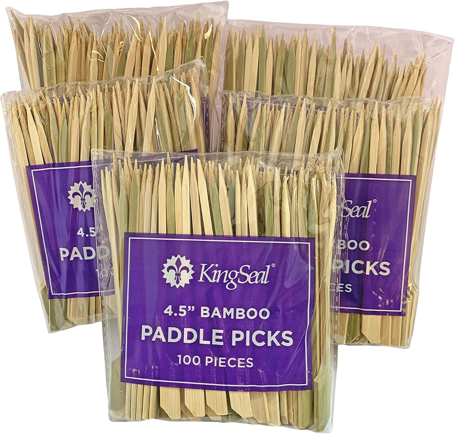 1000 Count | KingSeal Natural Green Bamboo Wood Paddle Picks, Skewers for Appetizers and Cocktails, 4.5 Inches, Bulk Pack - 10 Packs of 100