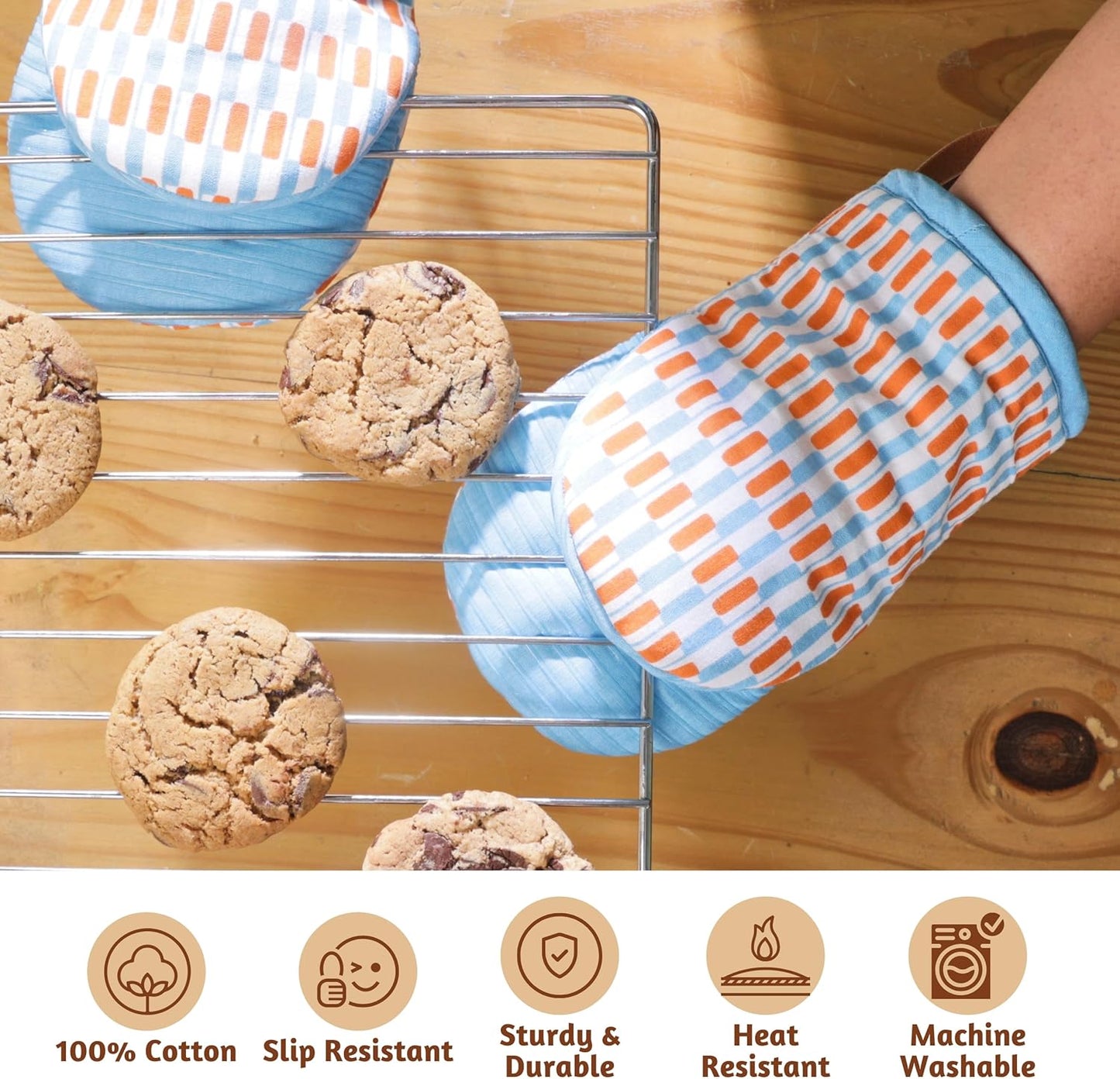 Folkulture Mini Oven Mitts Heat Resistant & Non Slip | (5.75 x 9) Set of 2 Blue Short Oven Mitts with Hanging Loop for Kitchen Decor | 100% Cotton Oven Gloves or Orange Kitchen Mittens Set