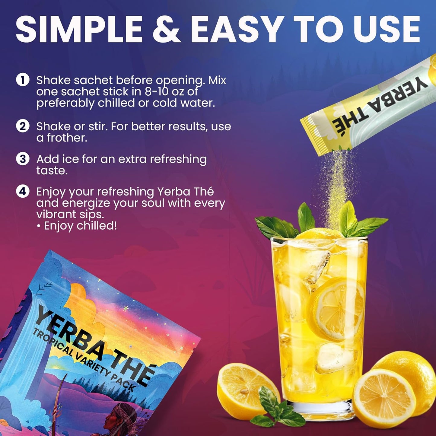 Yerba Mate Tea Powder 5 Mixed Tropical Fruit Flavors Clean Energy Drink Superfood - Support Gut Health, Probiotics and Prebiotics, Reduce Brain Fog, Relaxation & Focus Blend 30 sachets