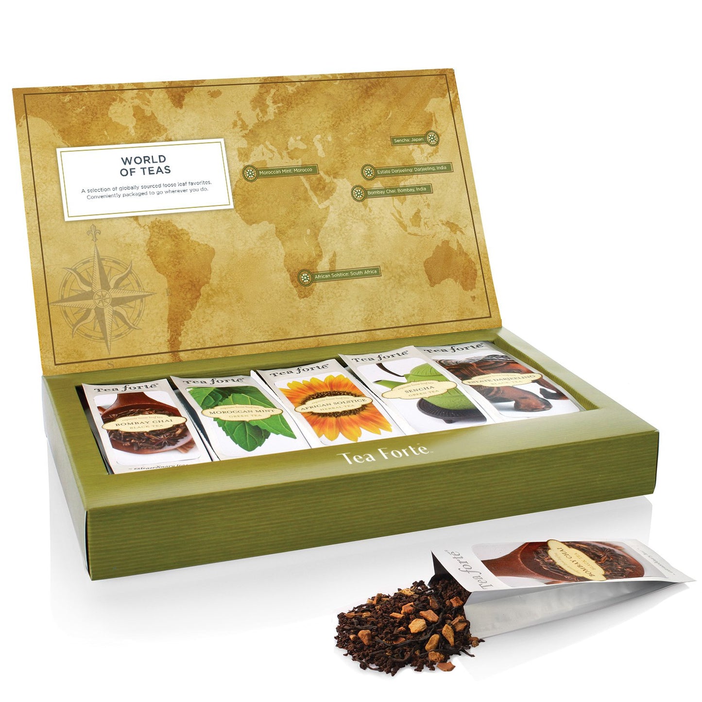 Tea Forte World of Teas Single Steeps Loose Leaf Premium Tea Gift Set Sampler, 15 Count 3 of Each Assorted Blends, Pre-Portioned Single Serve Pouches, Steeps 12 oz