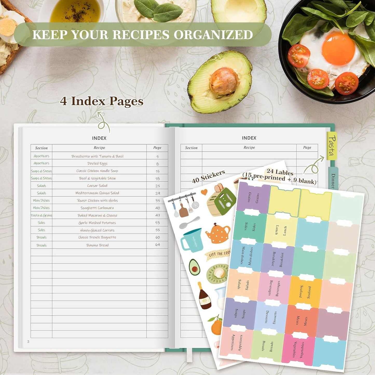 Lanpn Blank Recipe Book Cookbook for 70 Recipes, A5 Waterproof Empty Recipe Notebook to Organize Your Family Recipes, Leather Cooking Journal with Stickers to Write in Your Own Recipes, Green